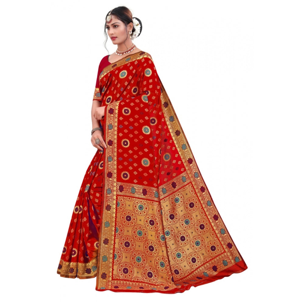 Generic Women's Banarasi Silk Designer Weaving Saree With Unstitched Blouse (Red, 5.50 Mtrs)