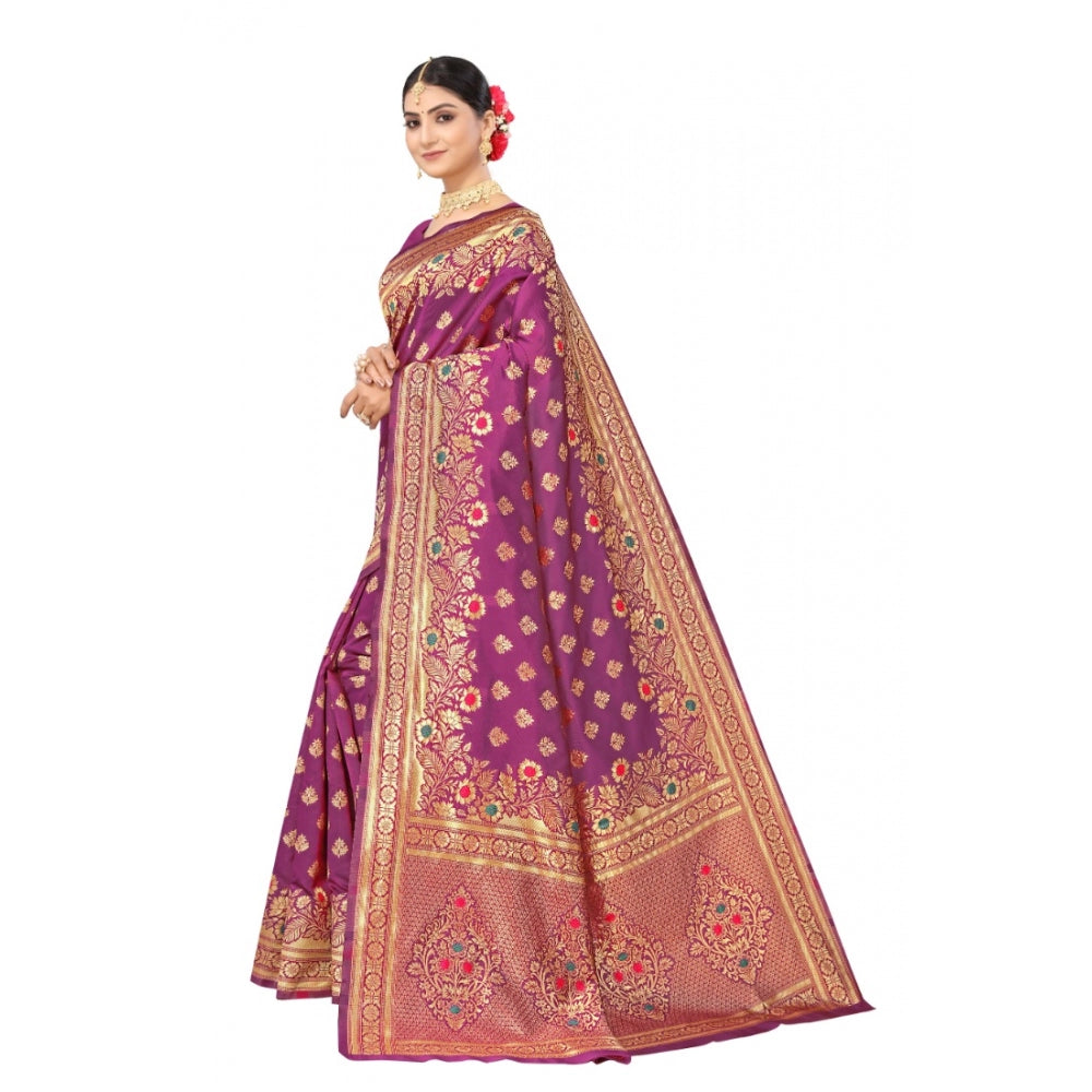 Generic Women's Banarasi Silk Designer Weaving Saree With Unstitched Blouse (Purple, 5.50 Mtrs)