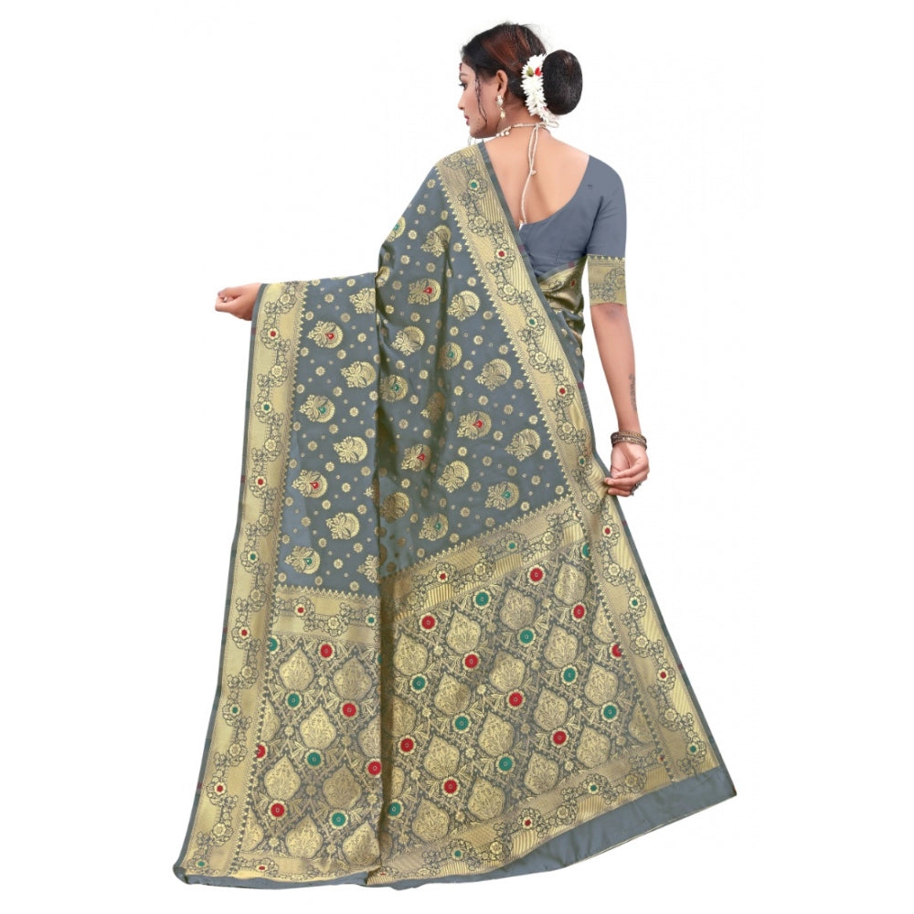 Generic Women's Banarasi Silk Designer Weaving Saree With Unstitched Blouse (Grey, 5.50 Mtrs)