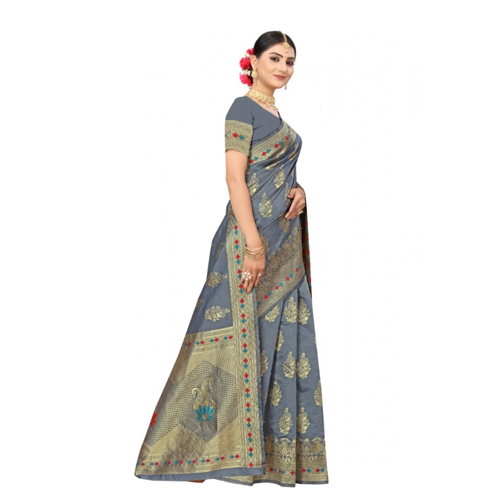 Generic Women's Banarasi Silk Designer Weaving Saree With Unstitched Blouse (Grey, 5.50 Mtrs)