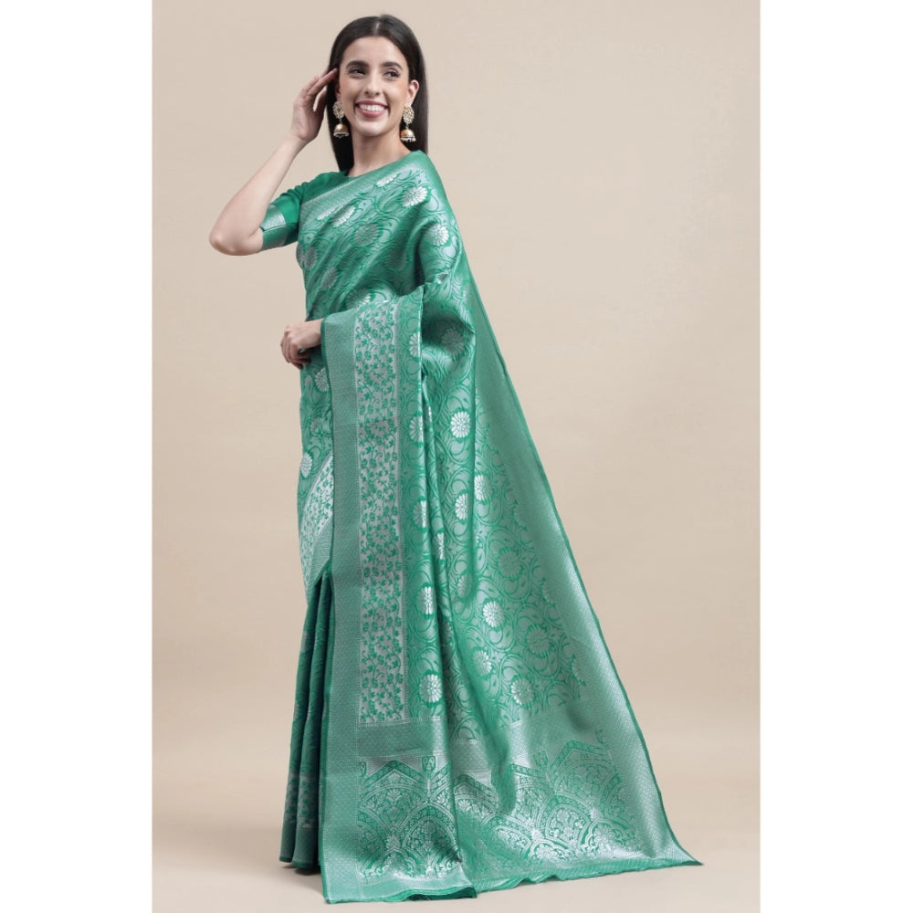 Generic Women's Kanjivaram Silk Designer Silver Weaving Saree With Unstitched Blouse (Green, 5.50 Mtrs)