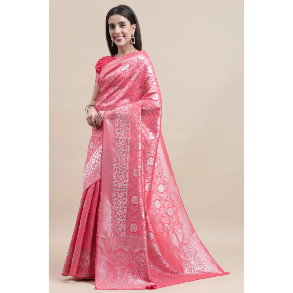 Generic Women's Kanjivaram Silk Designer Silver Weaving Saree With Unstitched Blouse (Pink, 5.50 Mtrs)