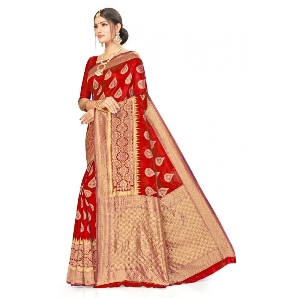 Generic Women's Banarasi Silk Designer Weaving Saree With Unstitched Blouse (Red, 5.50 Mtrs)