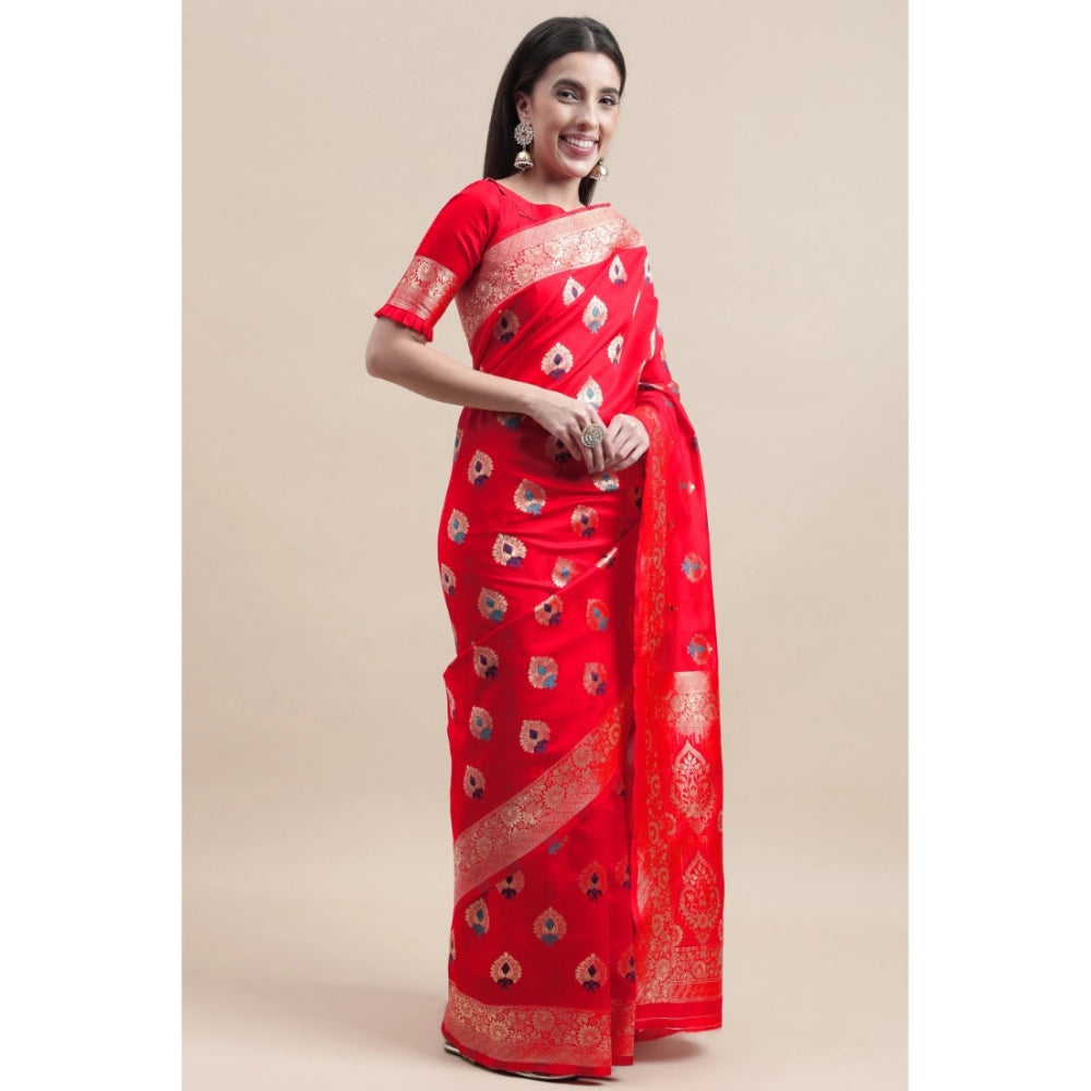 Generic Women's Kanjivaram Silk Designer Weaving Saree With Unstitched Blouse (Red, 5.50 Mtrs)