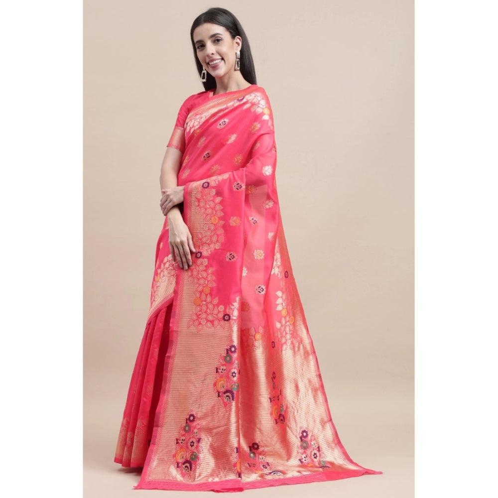 Generic Women's Kanjivaram Silk Designer Weaving Saree With Unstitched Blouse (Pink, 5.50 Mtrs)