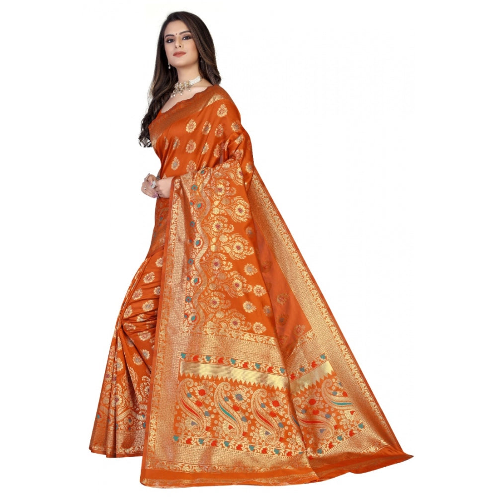 Generic Women's Banarasi Silk Designer Weaving Saree With Unstitched Blouse (Orange, 5.50 Mtrs)