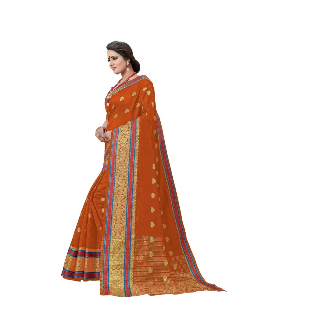 Generic Women's Cotton Silk Designer Weaving Saree With Unstitched Blouse (Orange, 5.50 Mtrs)