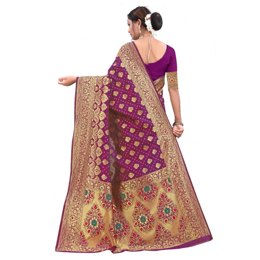 Generic Women's Banarasi Silk Designer Weaving Saree With Unstitched Blouse (Purple, 5.50 Mtrs)