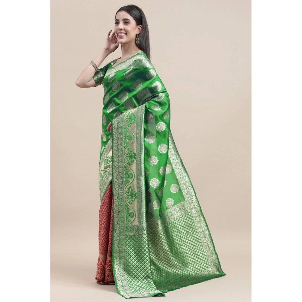 Generic Women's Kanjivaram Silk Designer Weaving Saree With Unstitched Blouse (Green &amp; Red, 5.50 Mtrs)