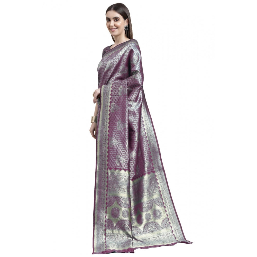 Generic Women's Banarasi Silk Designer Weaving Saree With Unstitched Blouse (Purple, 5.50 Mtrs)