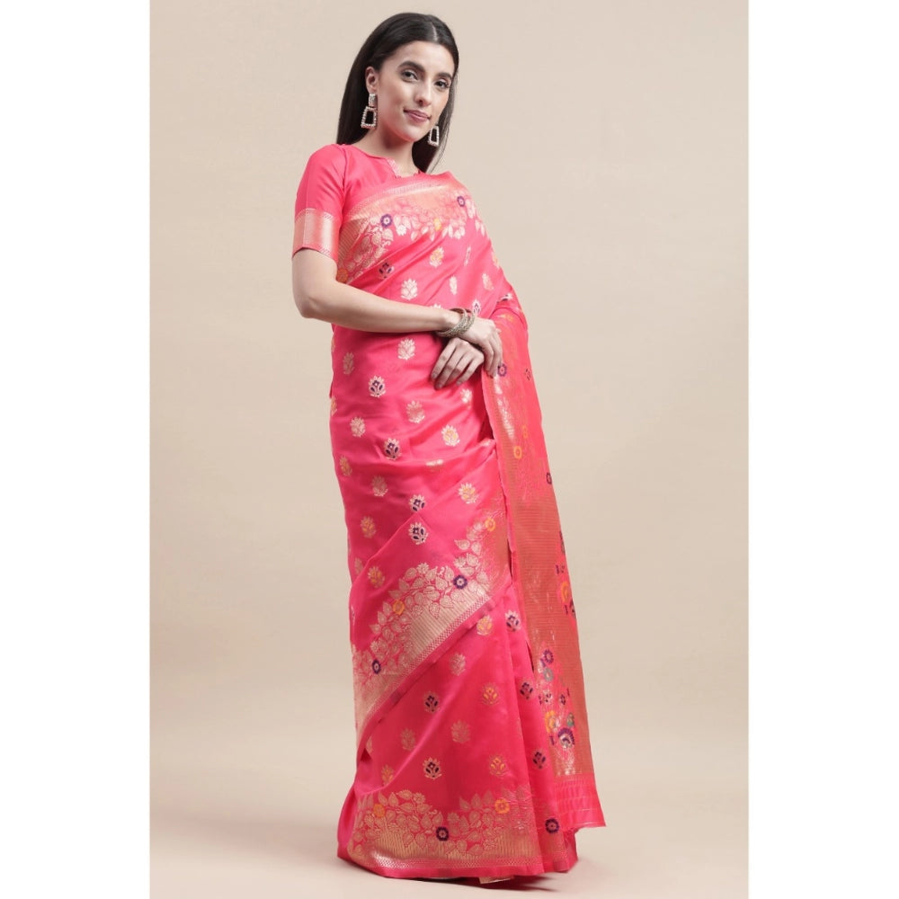 Generic Women's Kanjivaram Silk Designer Weaving Saree With Unstitched Blouse (Pink, 5.50 Mtrs)