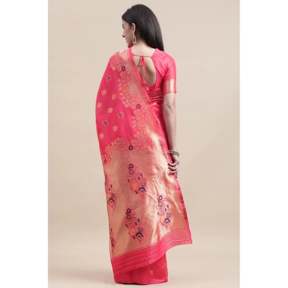 Generic Women's Kanjivaram Silk Designer Weaving Saree With Unstitched Blouse (Pink, 5.50 Mtrs)