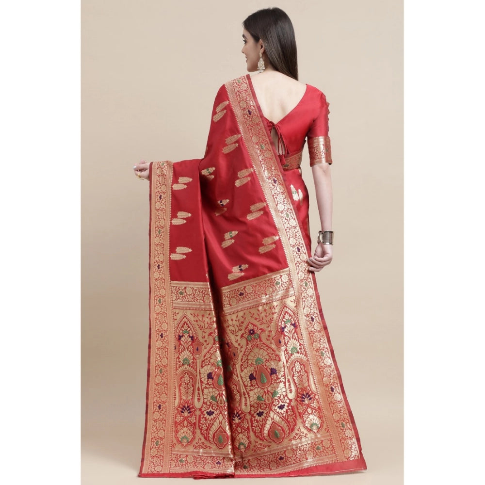 Generic Women's Kanjivaram Silk Designer Weaving Saree With Unstitched Blouse (Red, 5.50 Mtrs)