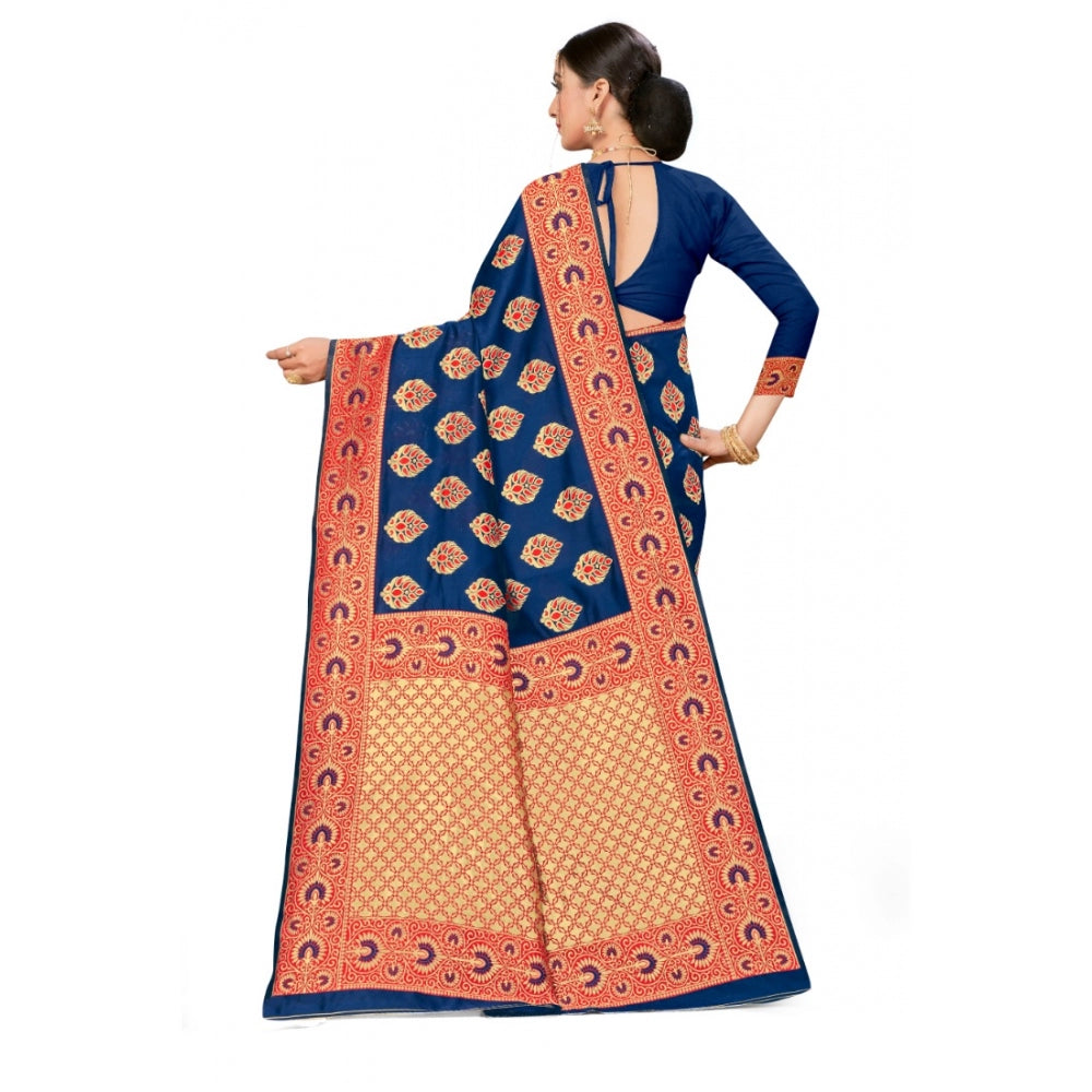 Generic Women's Banarasi Silk Designer Weaving Saree With Unstitched Blouse (Blue, 5.50 Mtrs)