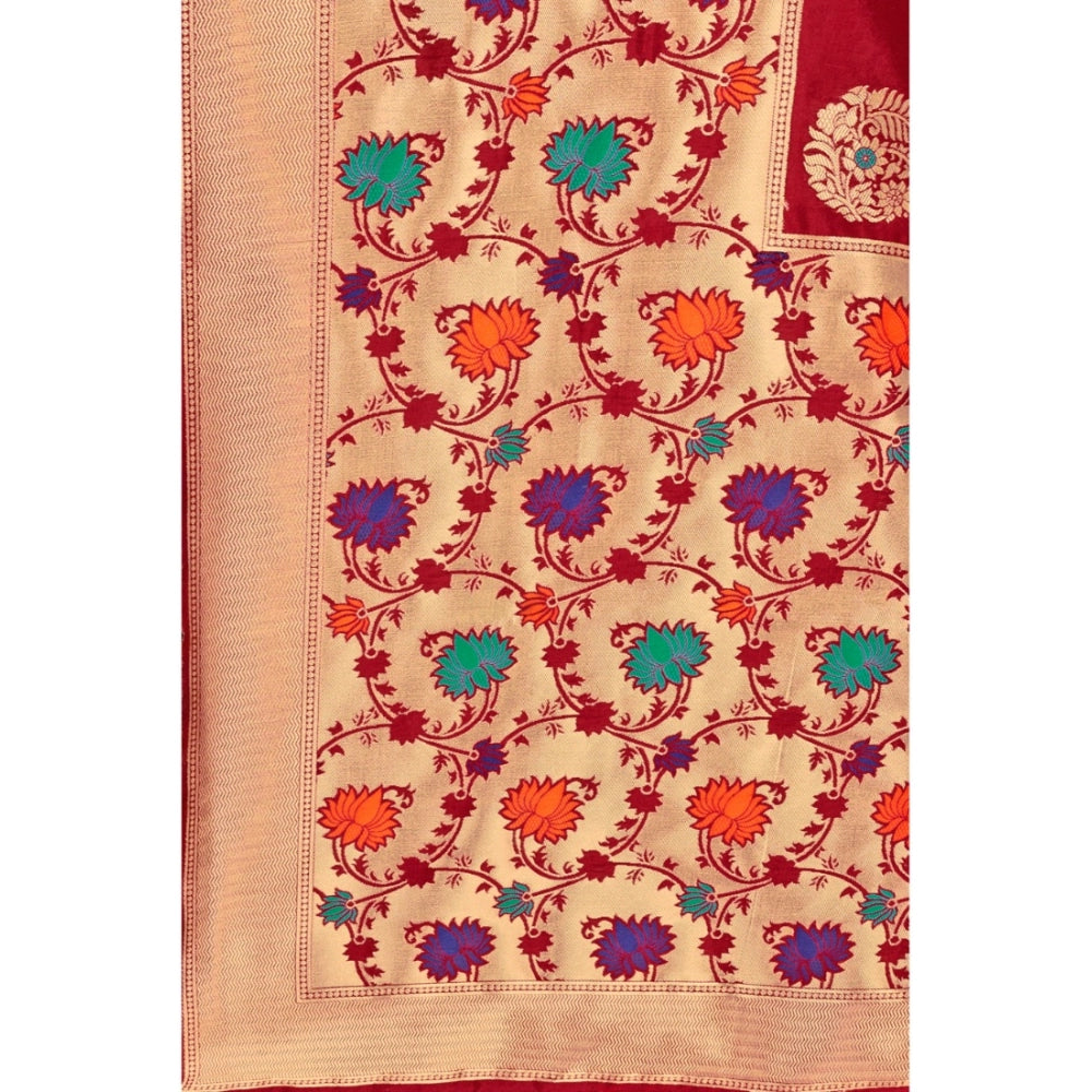 Generic Women's Banarasi Silk Designer Weaving Saree With Unstitched Blouse (Maroon, 5.50 Mtrs)