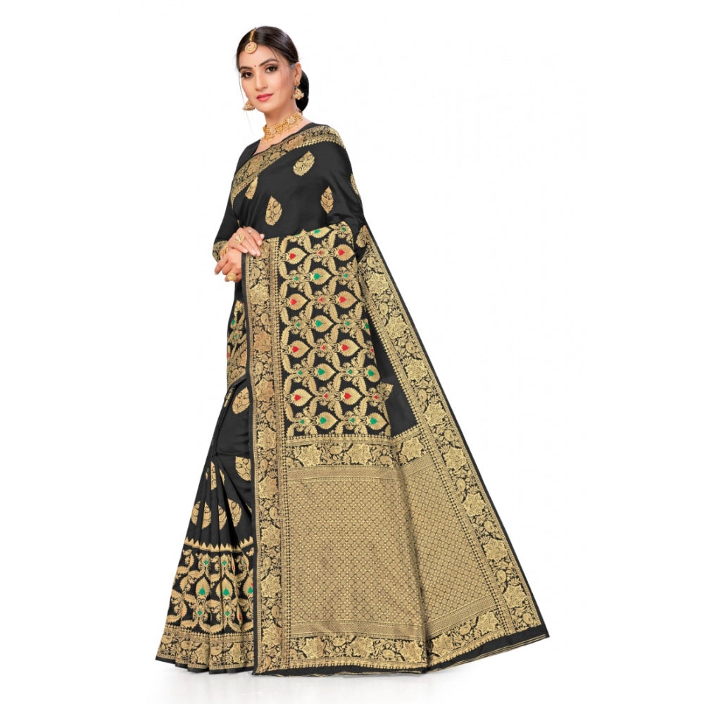 Generic Women's Banarasi Silk Designer Weaving Saree With Unstitched Blouse (Black, 5.50 Mtrs)