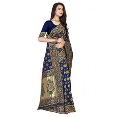 Generic Women's Banarasi Silk Designer Weaving Saree With Unstitched Blouse (Blue, 5.50 Mtrs)