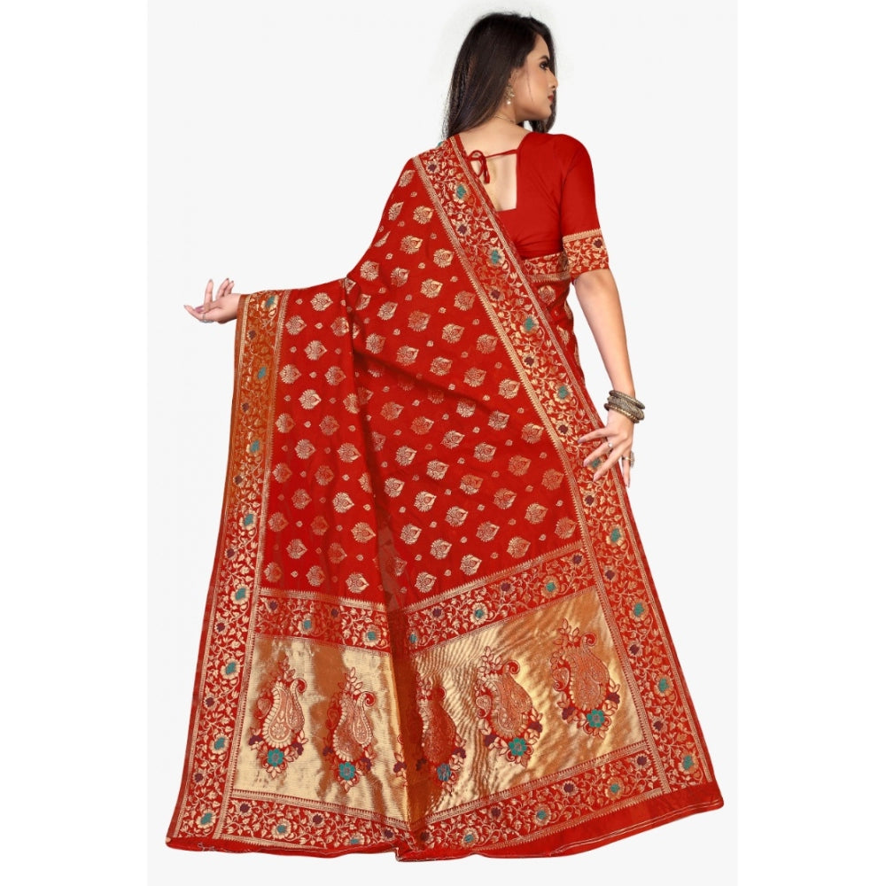 Generic Women's Banarasi Silk Designer Weaving Saree With Unstitched Blouse (Red, 5.50 Mtrs)