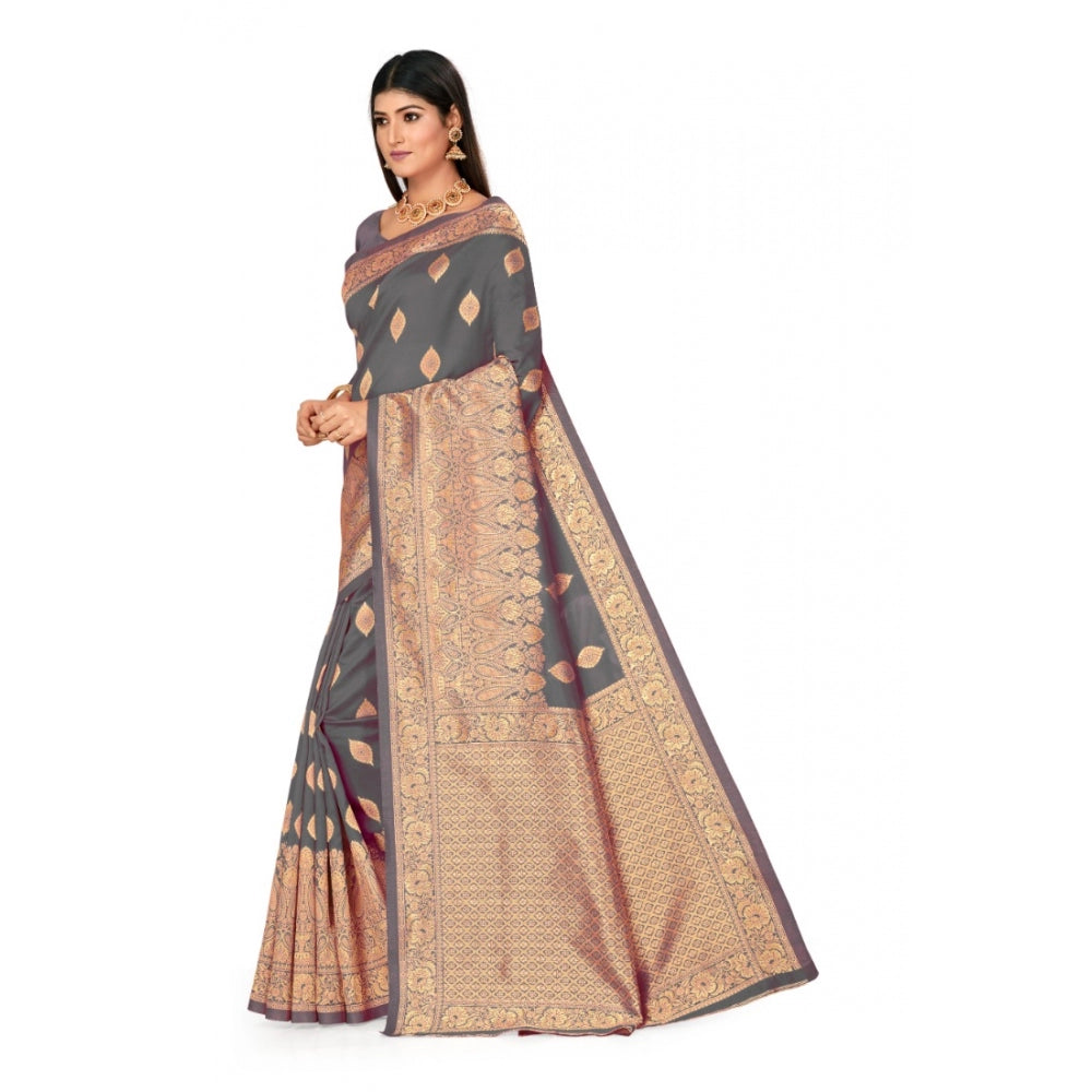 Generic Women's Banarasi Silk Designer Weaving Saree With Unstitched Blouse (Grey, 5.50 Mtrs)