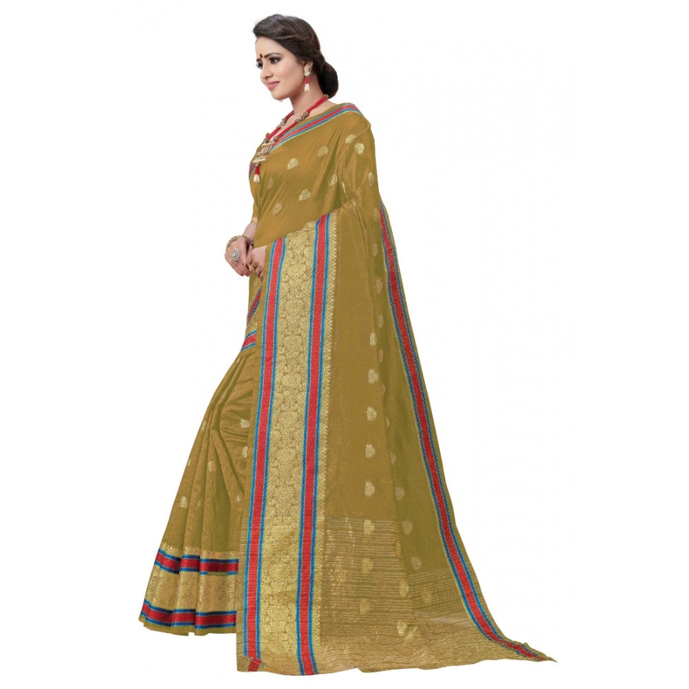 Generic Women's Cotton Silk Designer Weaving Saree With Unstitched Blouse (Beige, 5.50 Mtrs)