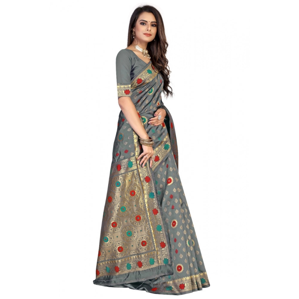 Generic Women's Banarasi Silk Designer Weaving Saree With Unstitched Blouse (Grey, 5.50 Mtrs)