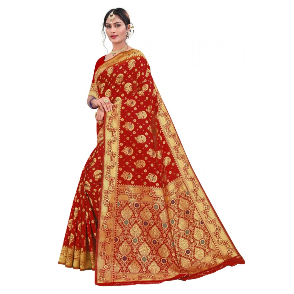 Generic Women's Banarasi Silk Designer Weaving Saree With Unstitched Blouse (Red, 5.50 Mtrs)