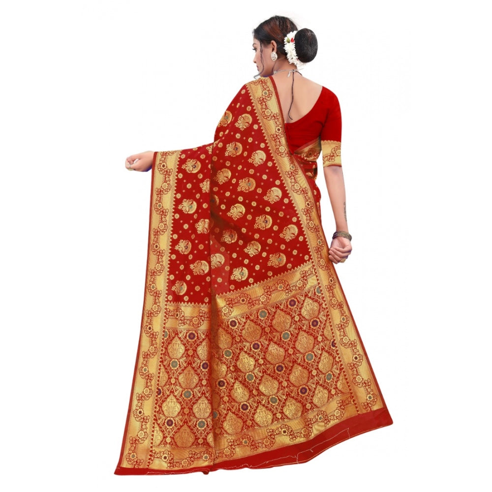 Generic Women's Banarasi Silk Designer Weaving Saree With Unstitched Blouse (Red, 5.50 Mtrs)