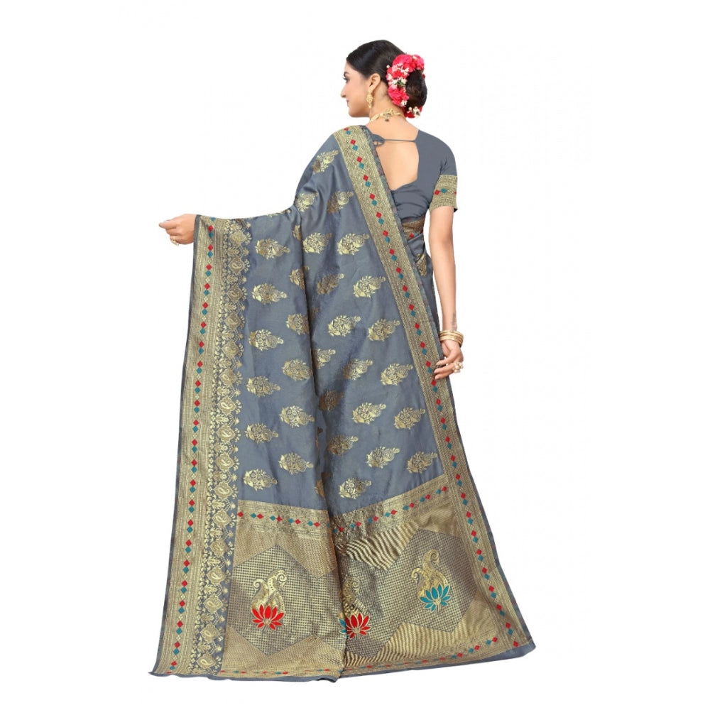 Generic Women's Banarasi Silk Designer Weaving Saree With Unstitched Blouse (Grey, 5.50 Mtrs)