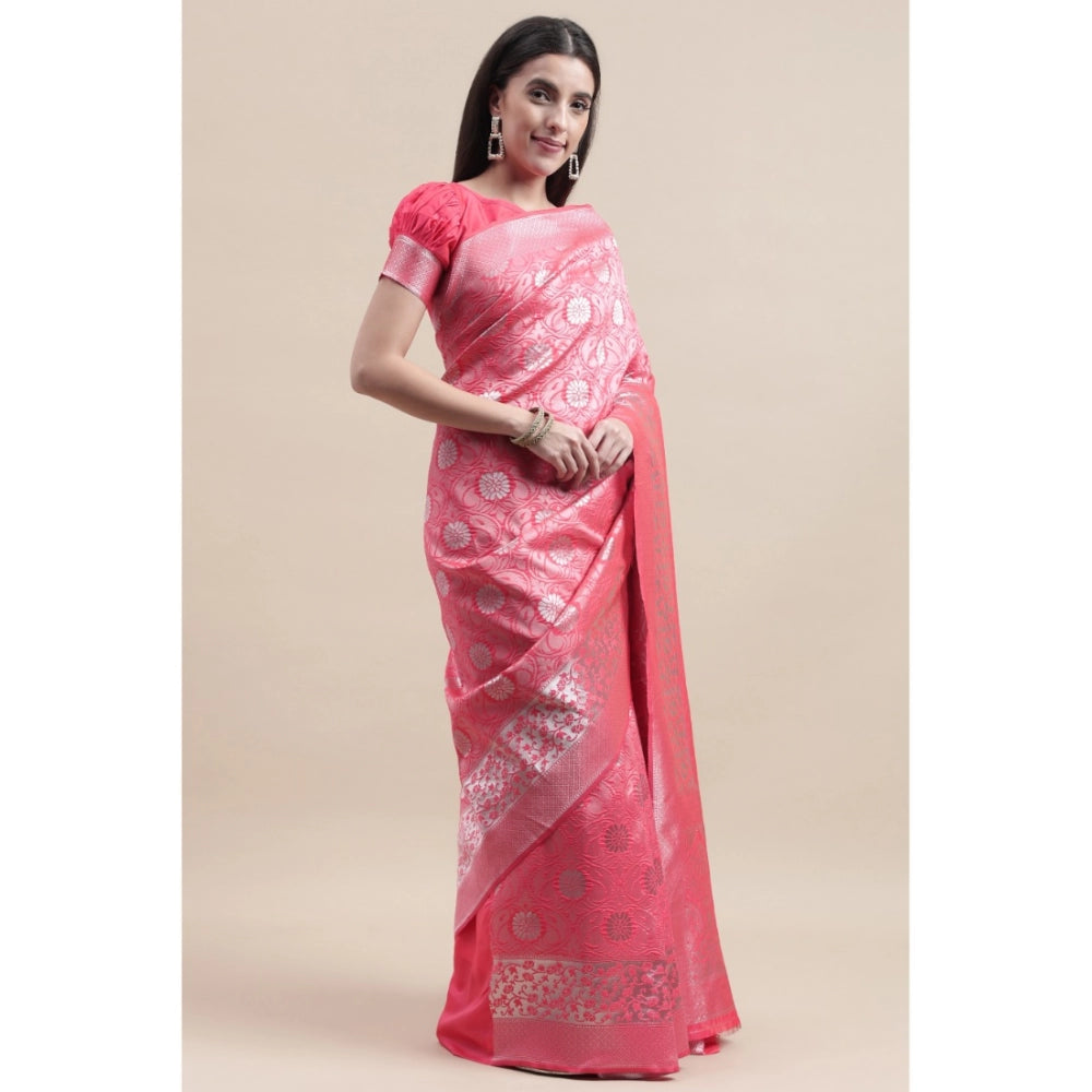 Generic Women's Kanjivaram Silk Designer Silver Weaving Saree With Unstitched Blouse (Pink, 5.50 Mtrs)