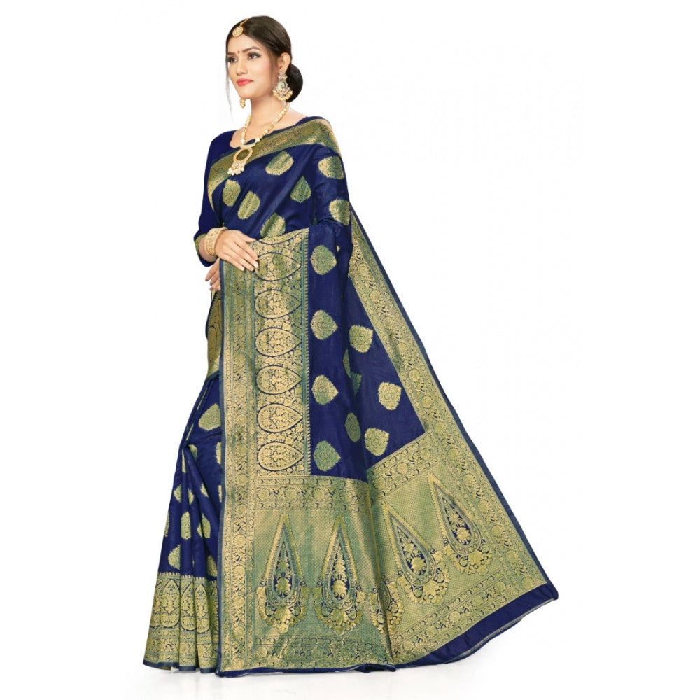 Generic Women's Banarasi Silk Designer Weaving Saree With Unstitched Blouse (Blue, 5.50 Mtrs)