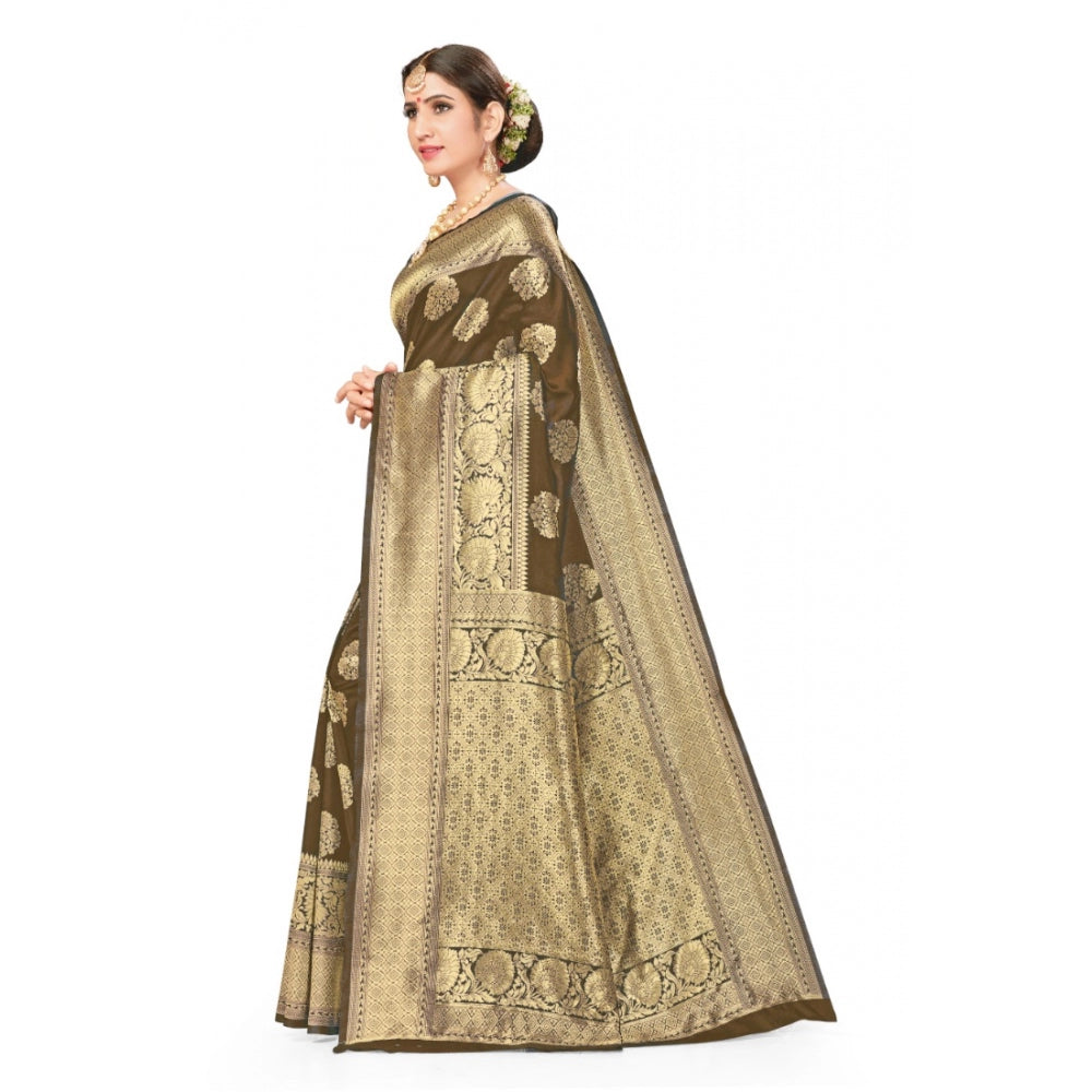 Generic Women's Banarasi Silk Designer Weaving Saree With Unstitched Blouse (Brown, 5.50 Mtrs)