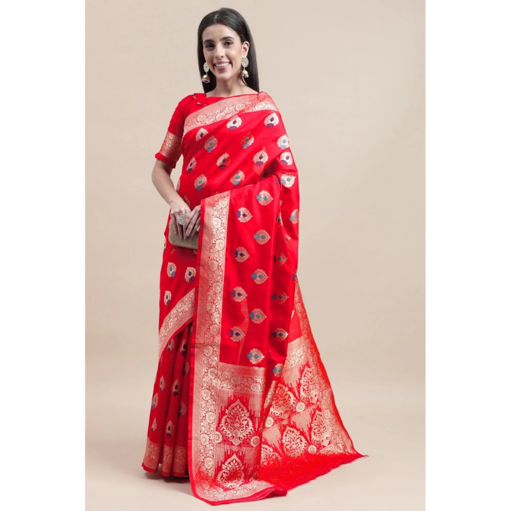 Generic Women's Kanjivaram Silk Designer Weaving Saree With Unstitched Blouse (Red, 5.50 Mtrs)