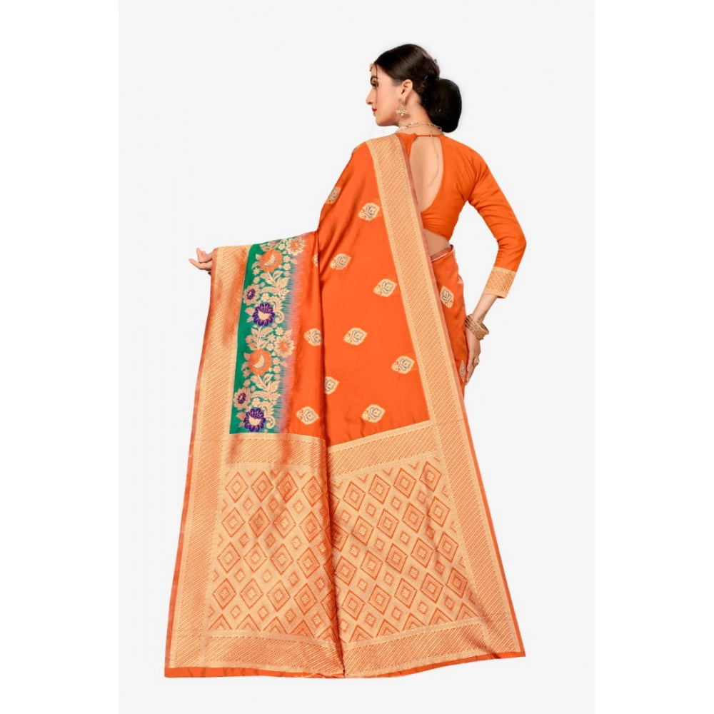 Generic Women's Banarasi Silk Designer Weaving Saree With Unstitched Blouse (Orange, 5.50 Mtrs)