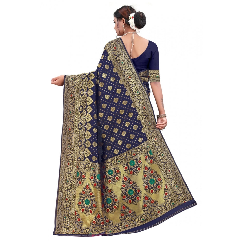 Generic Women's Banarasi Silk Designer Weaving Saree With Unstitched Blouse (Blue, 5.50 Mtrs)