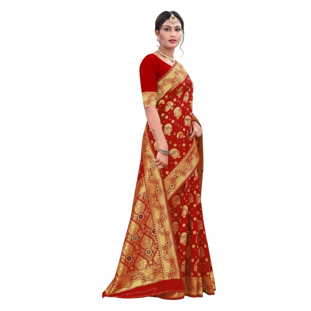 Generic Women's Banarasi Silk Designer Weaving Saree With Unstitched Blouse (Red, 5.50 Mtrs)