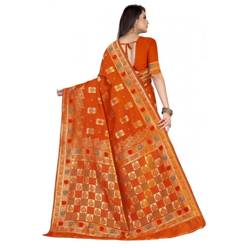 Generic Women's Banarasi Silk Designer Weaving Saree With Unstitched Blouse (Orange, 5.50 Mtrs)