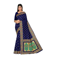 Generic Women's Banarasi Silk Designer Weaving Saree With Unstitched Blouse (Blue, 5.50 Mtrs)