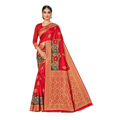 Generic Women's Banarasi Silk Designer Weaving Saree With Unstitched Blouse (Red, 5.50 Mtrs)