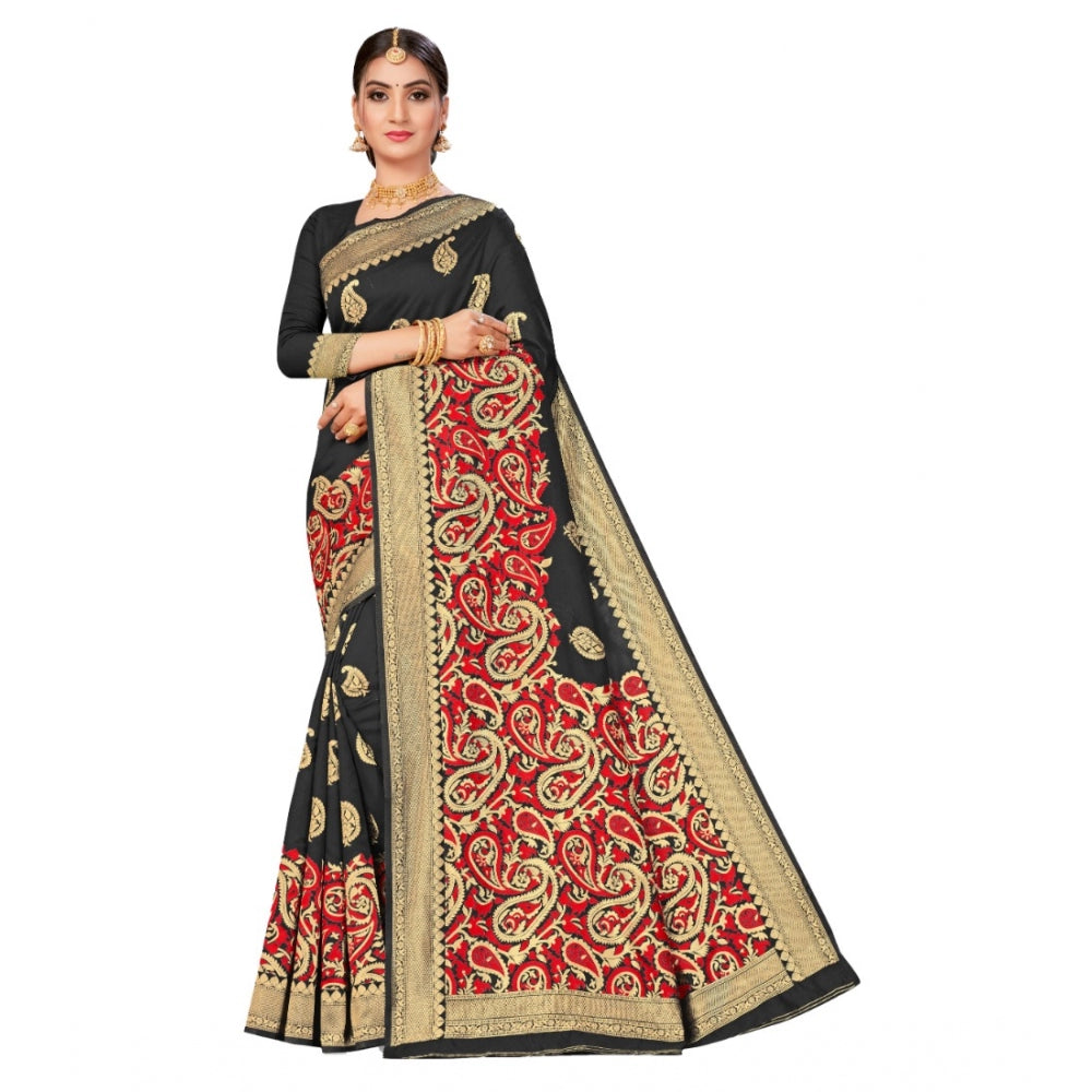 Generic Women's Banarasi Silk Designer Weaving Saree With Unstitched Blouse (Black, 5.50 Mtrs)