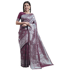 Generic Women's Kanjivaram Silk Designer Silver Weaving Saree With Unstitched Blouse (Purple, 5.50 Mtrs)