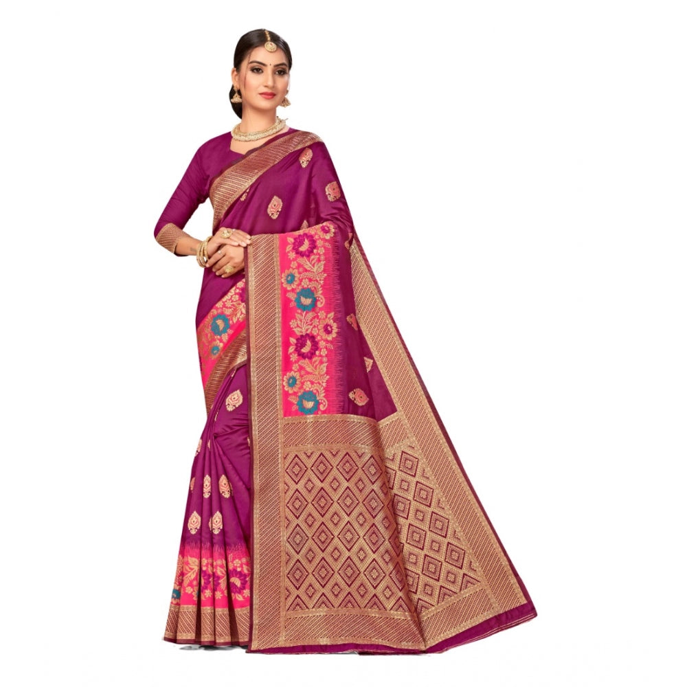 Generic Women's Banarasi Silk Designer Weaving Saree With Unstitched Blouse (Purple, 5.50 Mtrs)