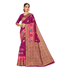 Generic Women's Banarasi Silk Designer Weaving Saree With Unstitched Blouse (Purple, 5.50 Mtrs)