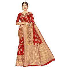 Generic Women's Banarasi Silk Designer Weaving Saree With Unstitched Blouse (Red, 5.50 Mtrs)