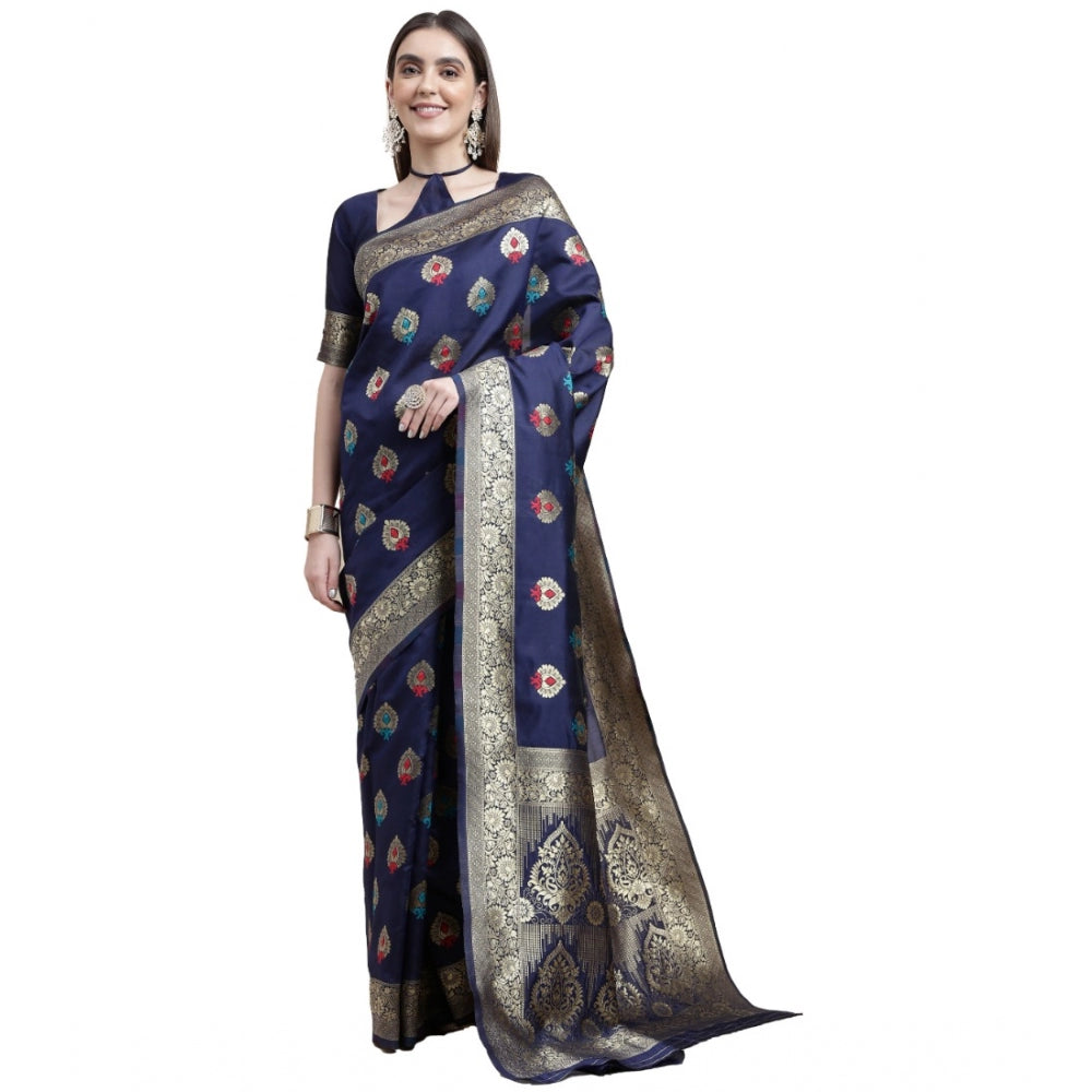 Generic Women's Kanjivaram Silk Designer Weaving Saree With Unstitched Blouse (Blue, 5.50 Mtrs)