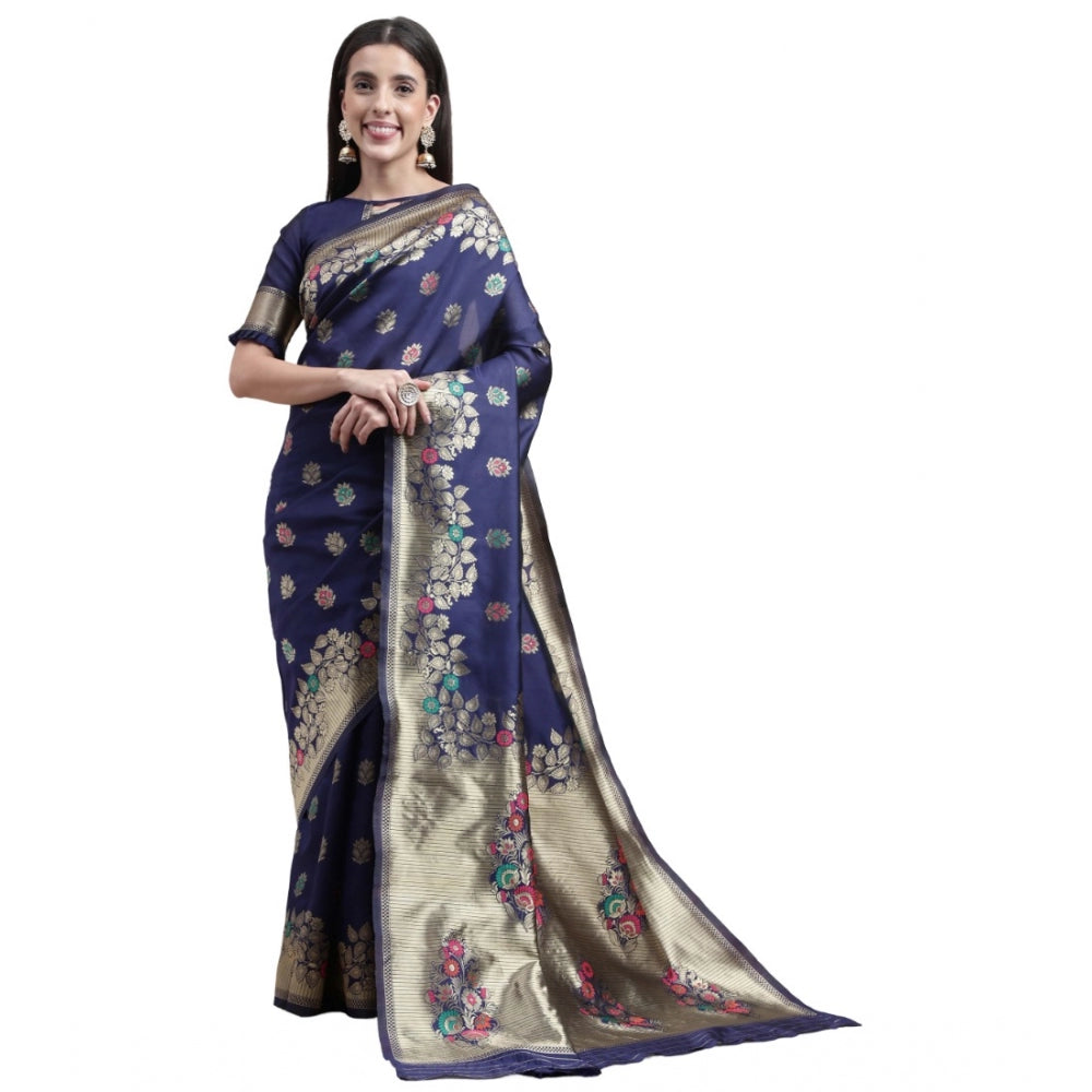 Generic Women's Kanjivaram Silk Designer Weaving Saree With Unstitched Blouse (Blue, 5.50 Mtrs)