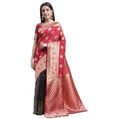 Generic Women's Kanjivaram Silk Designer Weaving Saree With Unstitched Blouse (Red,Blue, 5.50 Mtrs)