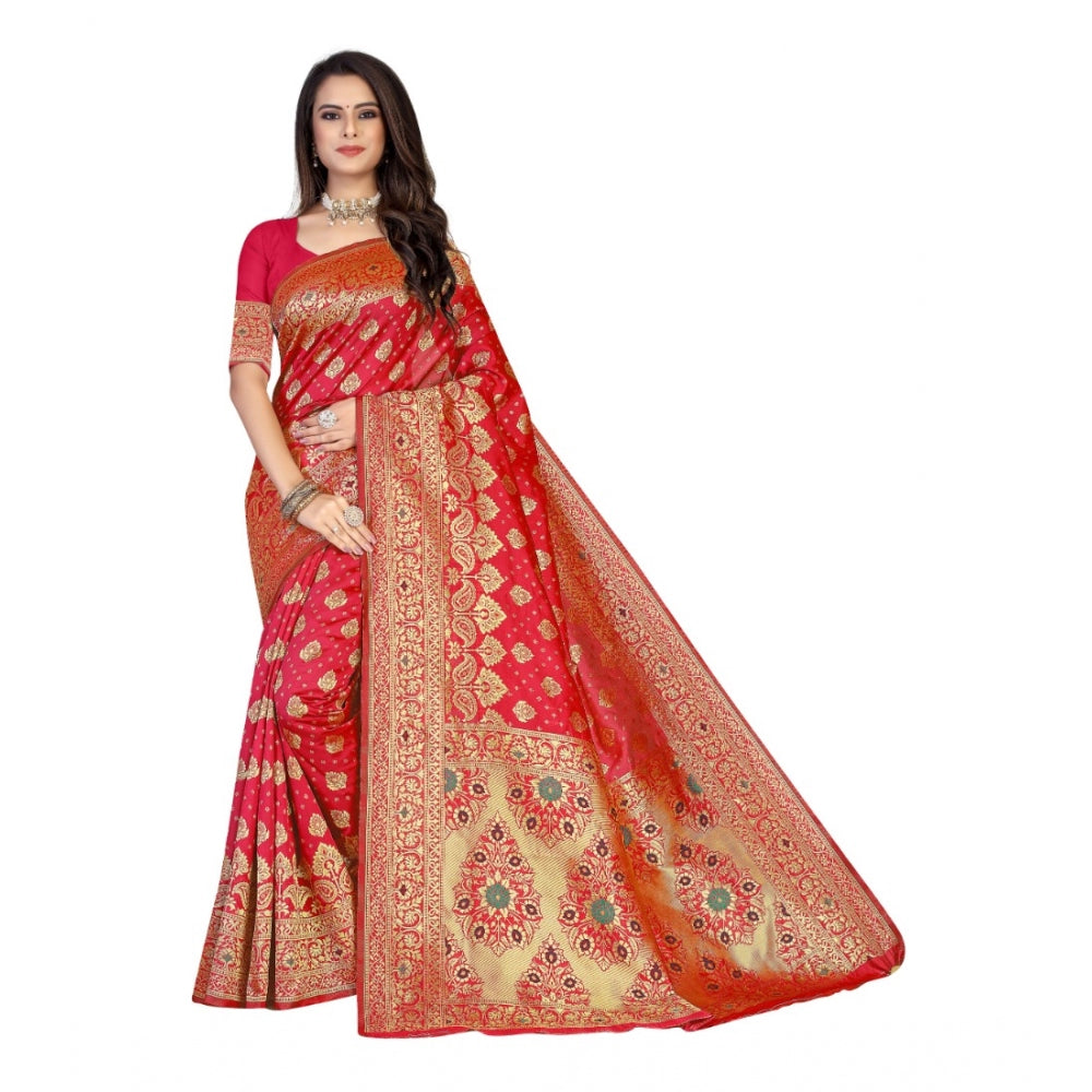 Generic Women's Banarasi Silk Designer Weaving Saree With Unstitched Blouse (Red, 5.50 Mtrs)