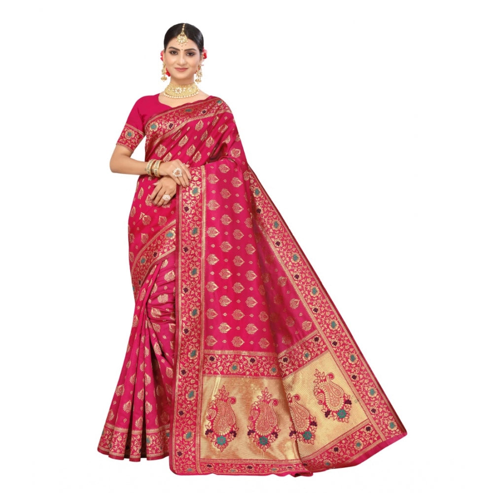 Generic Women's Banarasi Silk Designer Weaving Saree With Unstitched Blouse (Pink, 5.50 Mtrs)