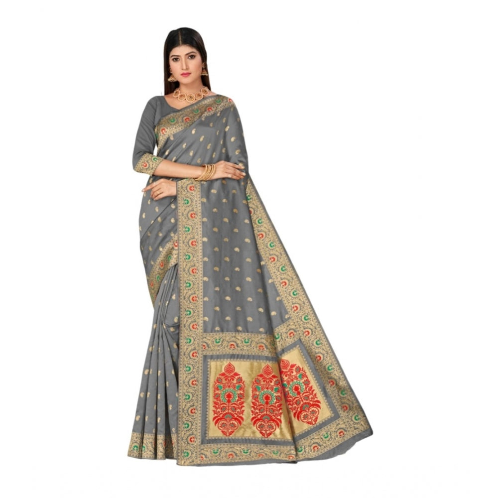 Generic Women's Banarasi Silk Designer Weaving Saree With Unstitched Blouse (Grey, 5.50 Mtrs)