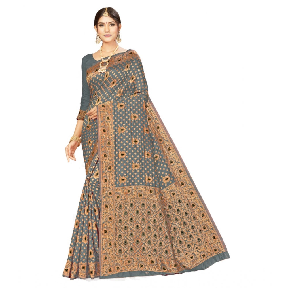 Generic Women's Banarasi Silk Designer Weaving Saree With Unstitched Blouse (Grey, 5.50 Mtrs)